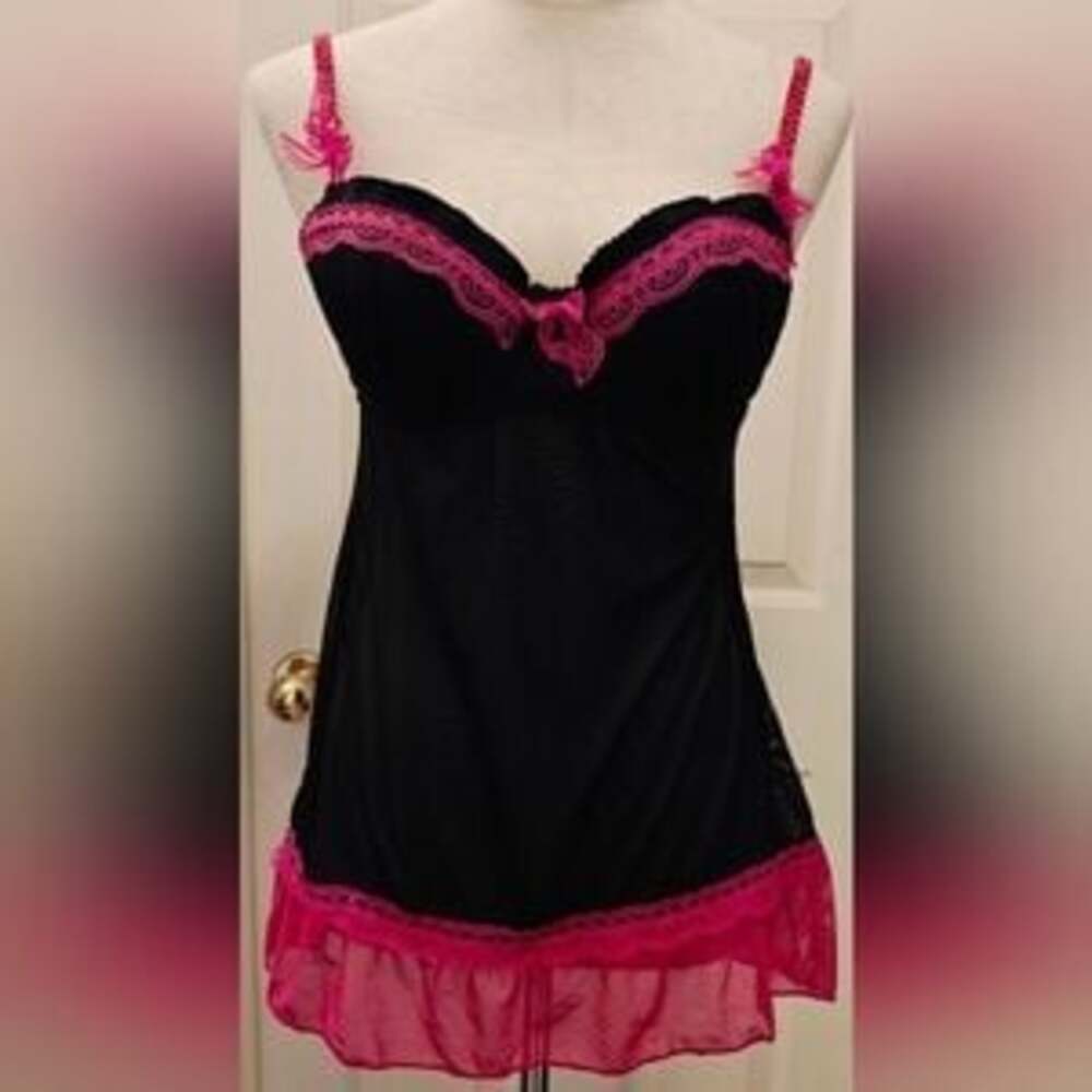 La Senza Black Sheer Babydoll Lingerie with Hot Pink Lace Trim